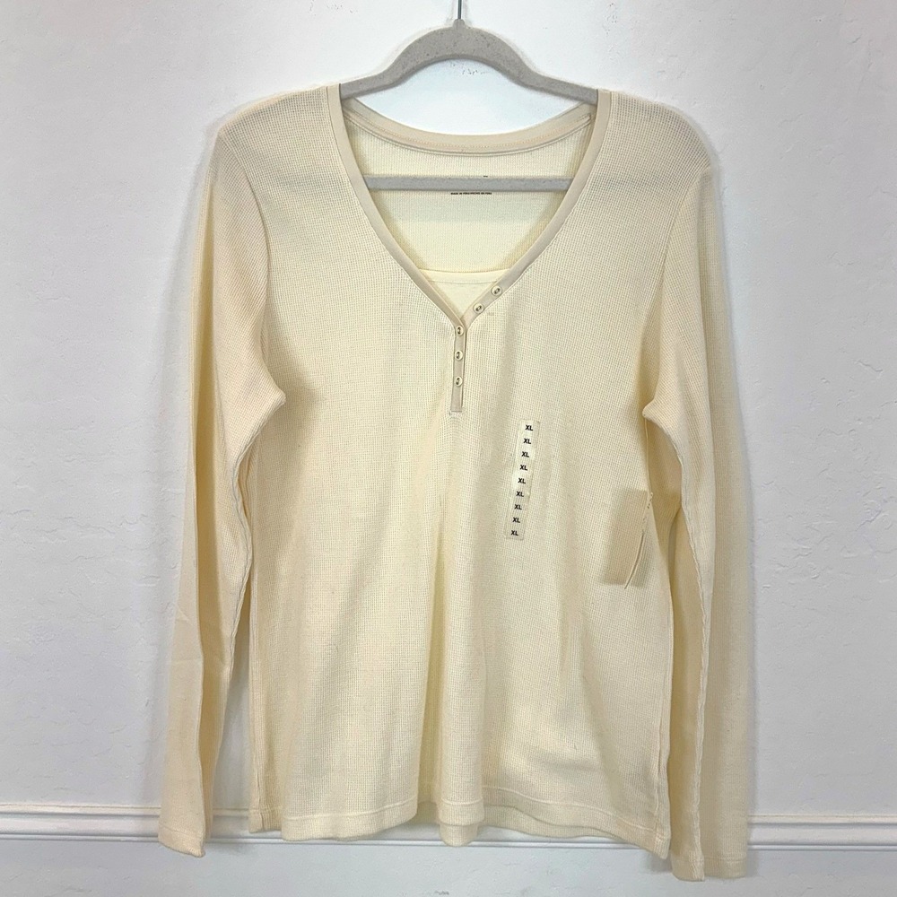 St Johns Bay Womens Ivory Long Sleeve Waffle Knit Henley Shirt Top XL